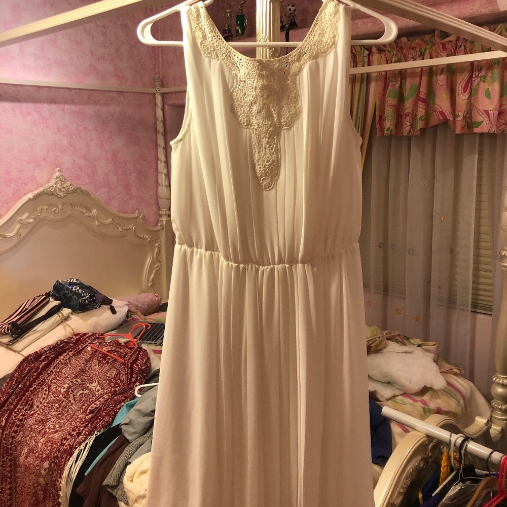 White Flowy Chiffon Dress Lace Detail